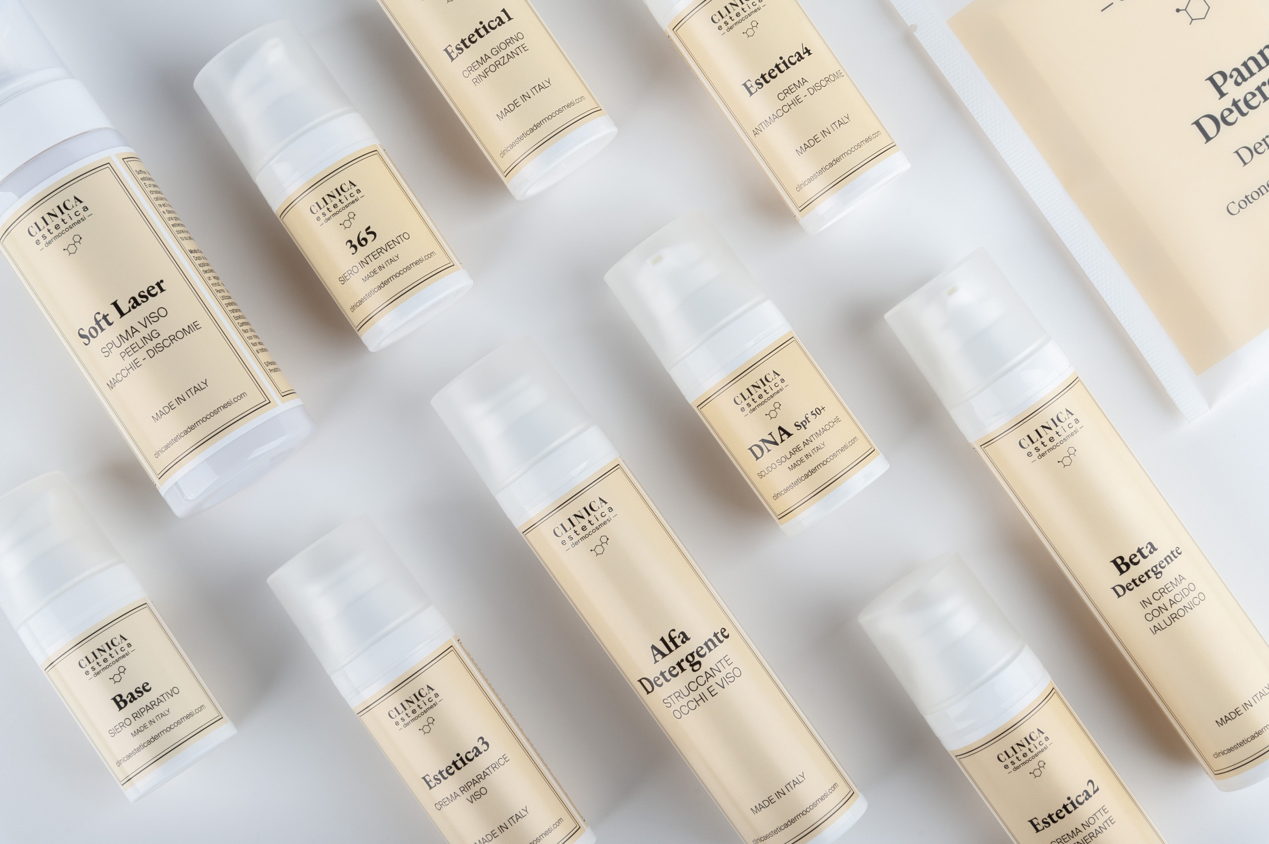 Linea prodotti Clinica Estetica Dermocosmesi – Soft Laser, Siero 365, DNAspf50+, Alfa e Beta Detergente, Made in Italy