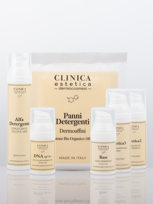 Trattamento Protezione Sole Clinica Estetica Dermocosmesi – kit viso con SPF50+, crema riparatrice, siero e detersione clinica